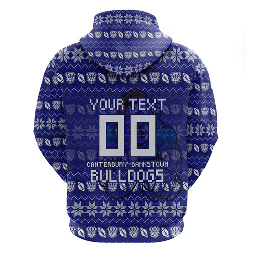 Personalized Canterbury Bulldogs Christmas Zip Hoodie Australian Rugby Fans - Pixelated Ugly Xmas Pattern Mascot Santa