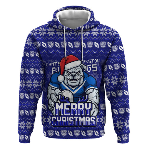 Personalized Canterbury Bulldogs Christmas Zip Hoodie Australian Rugby Fans - Pixelated Ugly Xmas Pattern Mascot Santa