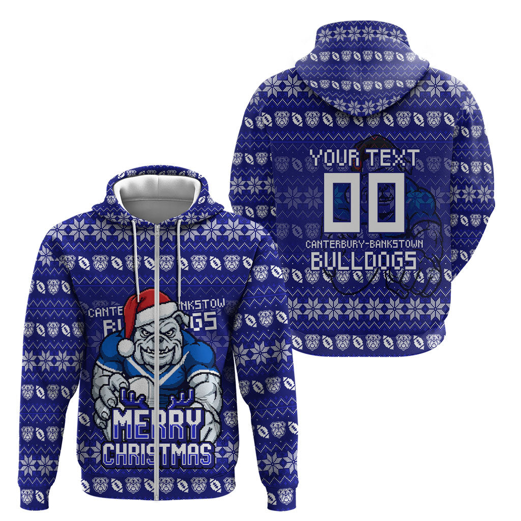 Personalized Canterbury Bulldogs Christmas Zip Hoodie Australian Rugby Fans - Pixelated Ugly Xmas Pattern Mascot Santa