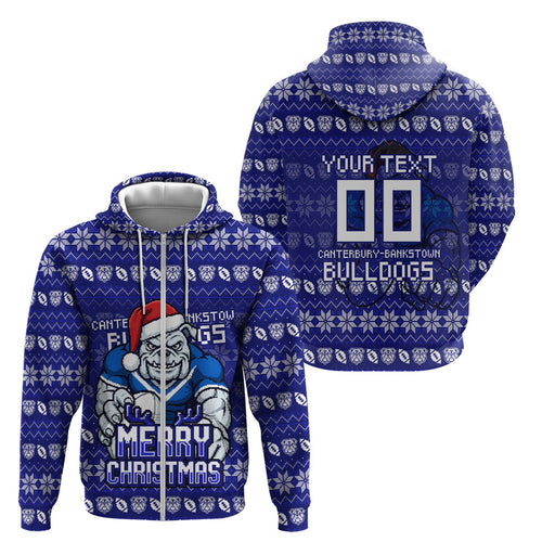 Personalized Canterbury Bulldogs Christmas Zip Hoodie Australian Rugby Fans - Pixelated Ugly Xmas Pattern Mascot Santa