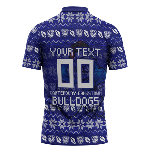 Personalized Canterbury Bulldogs Christmas Zipper Polo Shirt Australian Rugby Fans - Pixelated Ugly Xmas Pattern Mascot Santa