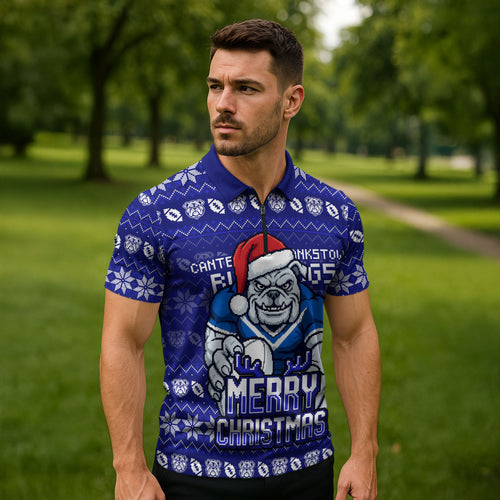 Personalized Canterbury Bulldogs Christmas Zipper Polo Shirt Australian Rugby Fans - Pixelated Ugly Xmas Pattern Mascot Santa