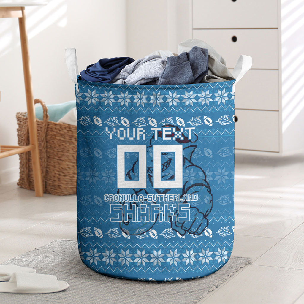 Personalized Cronulla Sharks Christmas Laundry Basket Australian Rugby Fans - Pixelated Ugly Xmas Pattern Mascot Santa