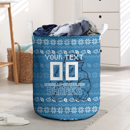 Personalized Cronulla Sharks Christmas Laundry Basket Australian Rugby Fans - Pixelated Ugly Xmas Pattern Mascot Santa