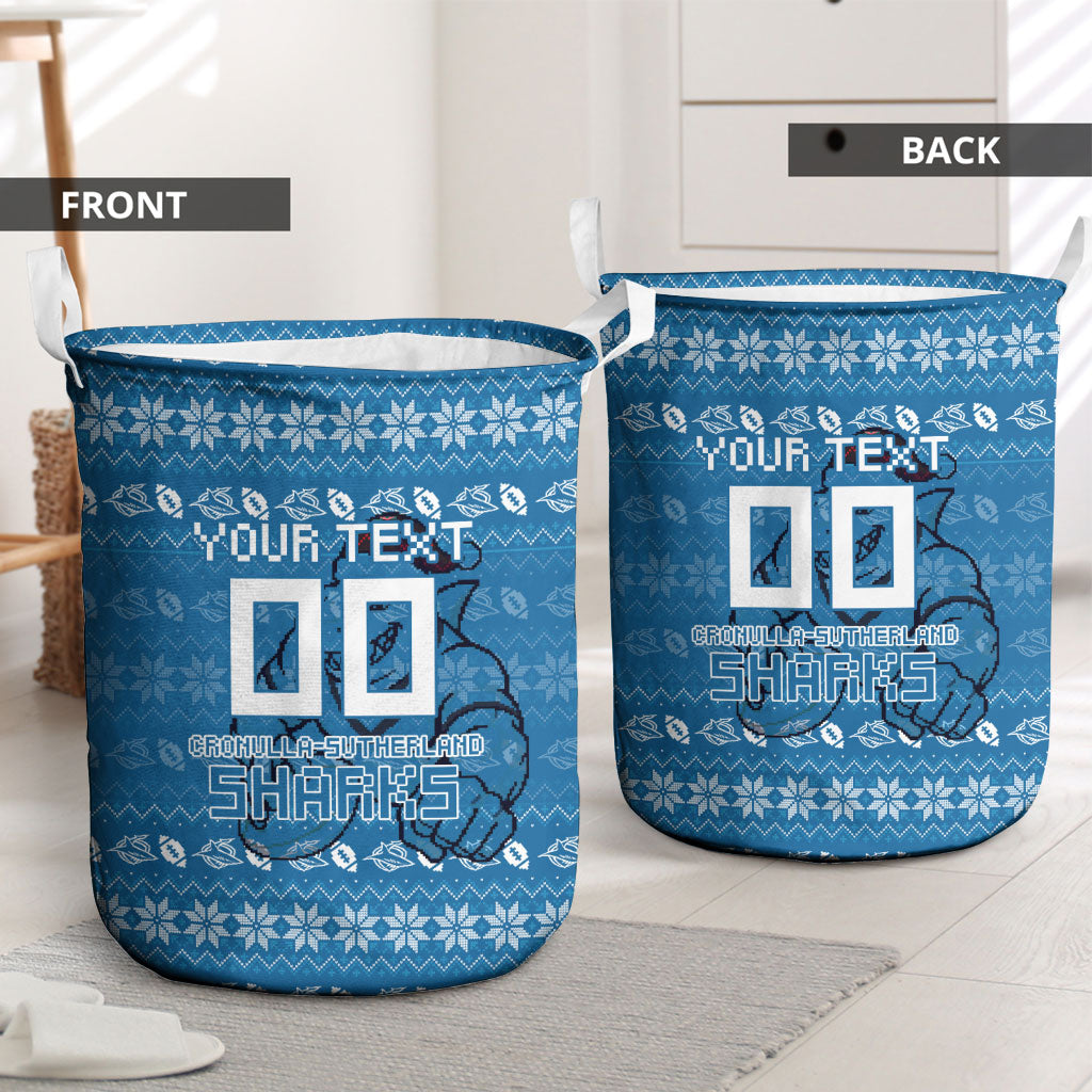 Personalized Cronulla Sharks Christmas Laundry Basket Australian Rugby Fans - Pixelated Ugly Xmas Pattern Mascot Santa