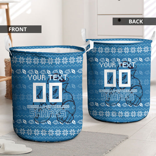 Personalized Cronulla Sharks Christmas Laundry Basket Australian Rugby Fans - Pixelated Ugly Xmas Pattern Mascot Santa