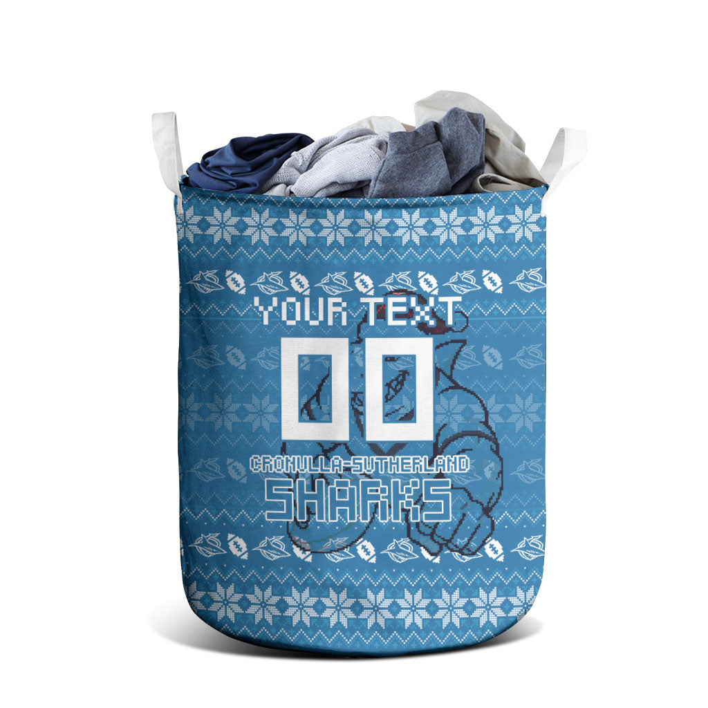 Personalized Cronulla Sharks Christmas Laundry Basket Australian Rugby Fans - Pixelated Ugly Xmas Pattern Mascot Santa
