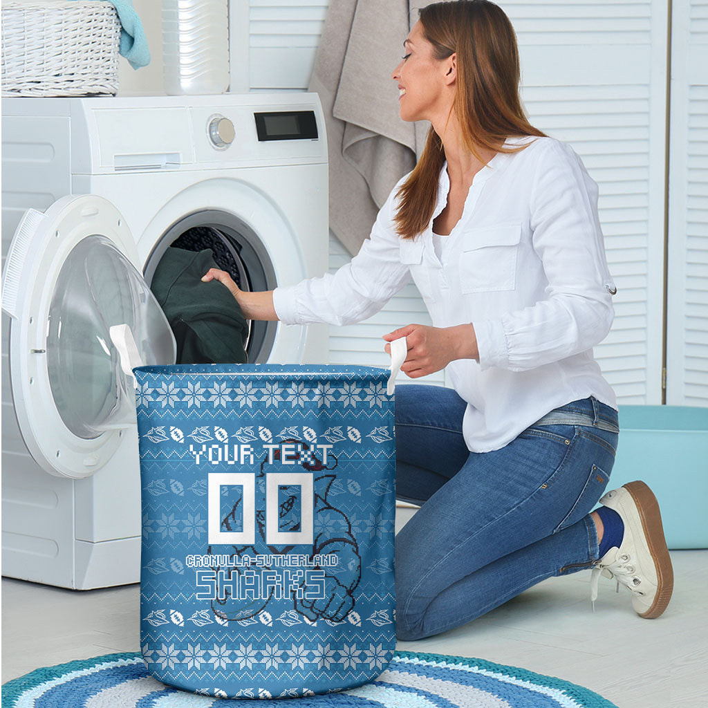 Personalized Cronulla Sharks Christmas Laundry Basket Australian Rugby Fans - Pixelated Ugly Xmas Pattern Mascot Santa