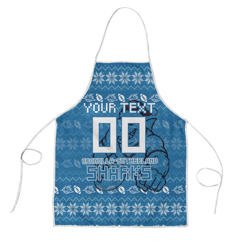 Personalized Cronulla Sharks Christmas Apron Australian Rugby Fans - Pixelated Ugly Xmas Pattern Mascot Santa