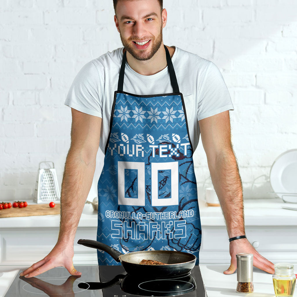 Personalized Cronulla Sharks Christmas Apron Australian Rugby Fans - Pixelated Ugly Xmas Pattern Mascot Santa