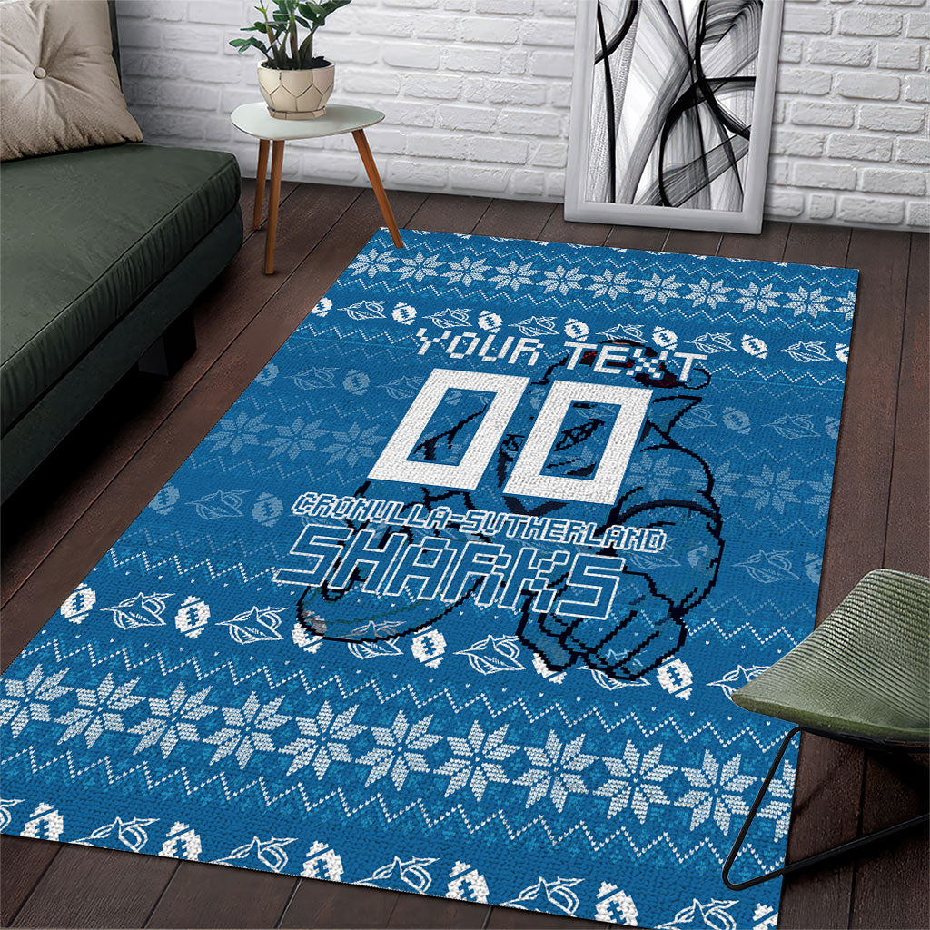 Personalized Cronulla Sharks Christmas Area Rug Australian Rugby Fans - Pixelated Ugly Xmas Pattern Mascot Santa