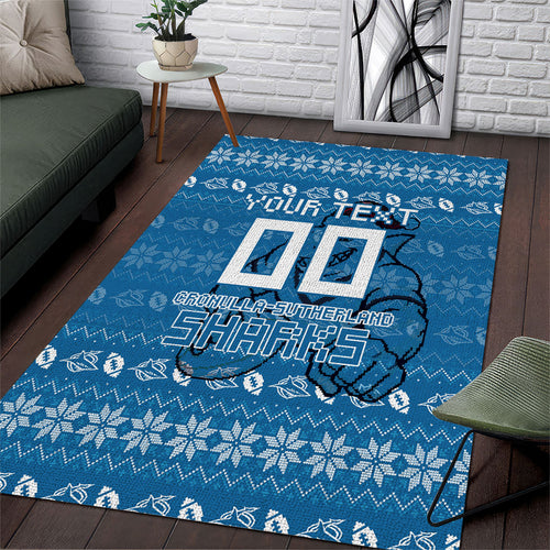 Personalized Cronulla Sharks Christmas Area Rug Australian Rugby Fans - Pixelated Ugly Xmas Pattern Mascot Santa