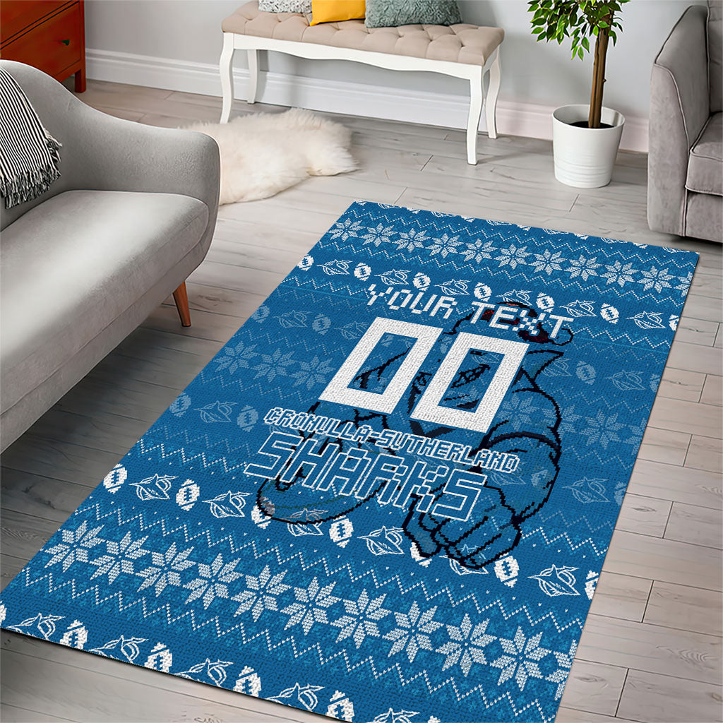 Personalized Cronulla Sharks Christmas Area Rug Australian Rugby Fans - Pixelated Ugly Xmas Pattern Mascot Santa
