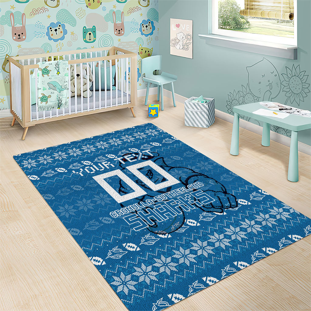 Personalized Cronulla Sharks Christmas Area Rug Australian Rugby Fans - Pixelated Ugly Xmas Pattern Mascot Santa