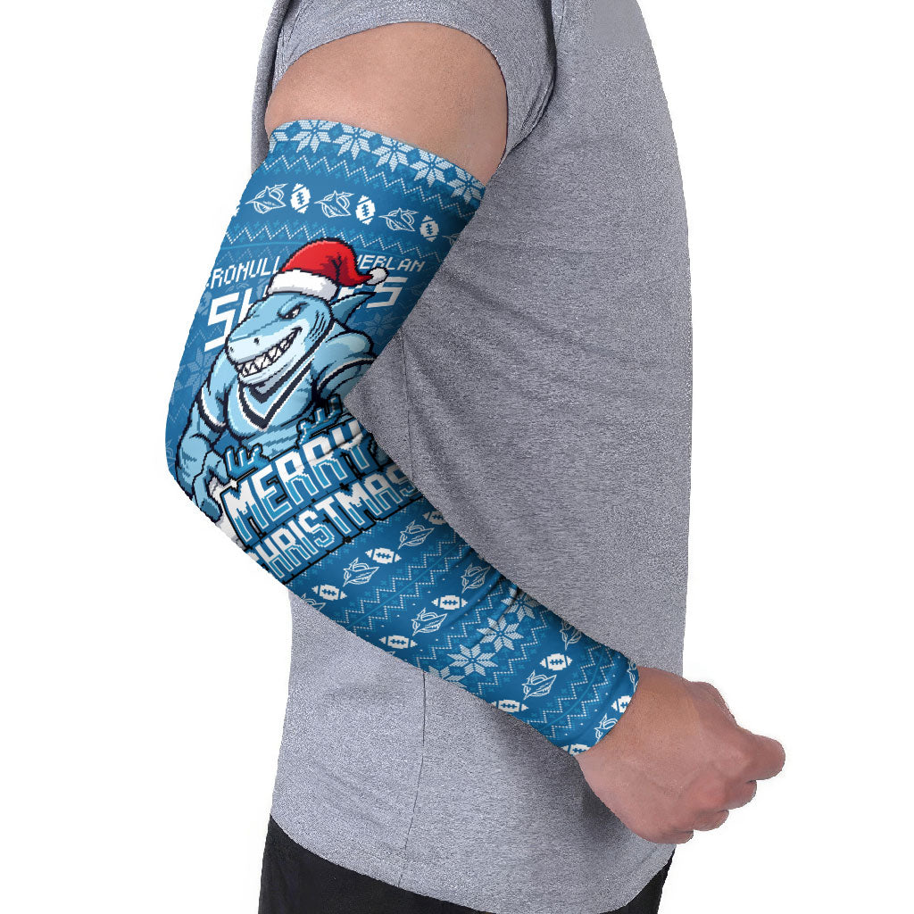 Personalized Cronulla Sharks Christmas Arm Sleeves Australian Rugby Fans - Pixelated Ugly Xmas Pattern Mascot Santa
