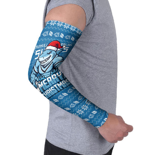 Personalized Cronulla Sharks Christmas Arm Sleeves Australian Rugby Fans - Pixelated Ugly Xmas Pattern Mascot Santa