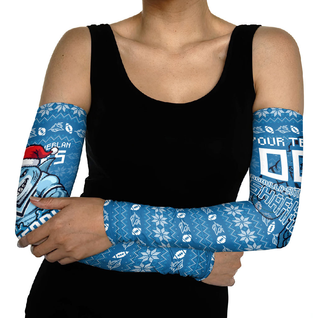 Personalized Cronulla Sharks Christmas Arm Sleeves Australian Rugby Fans - Pixelated Ugly Xmas Pattern Mascot Santa