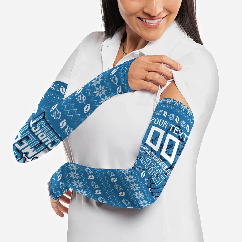 Personalized Cronulla Sharks Christmas Arm Sleeves Australian Rugby Fans - Pixelated Ugly Xmas Pattern Mascot Santa