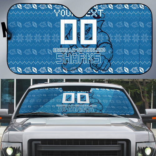Personalized Cronulla Sharks Christmas Auto Sun Shade Australian Rugby Fans - Pixelated Ugly Xmas Pattern Mascot Santa