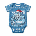 Personalized Cronulla Sharks Christmas Baby Onesie Australian Rugby Fans - Pixelated Ugly Xmas Pattern Mascot Santa