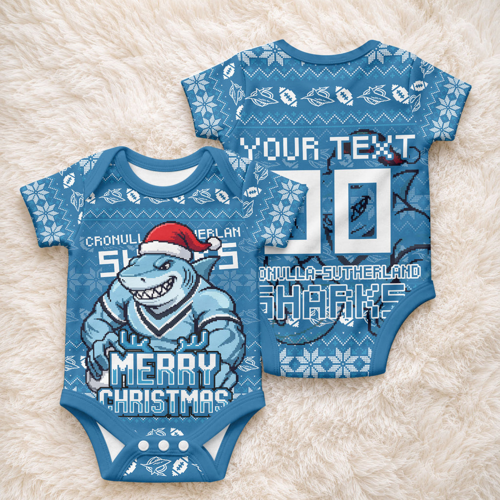 Personalized Cronulla Sharks Christmas Baby Onesie Australian Rugby Fans - Pixelated Ugly Xmas Pattern Mascot Santa
