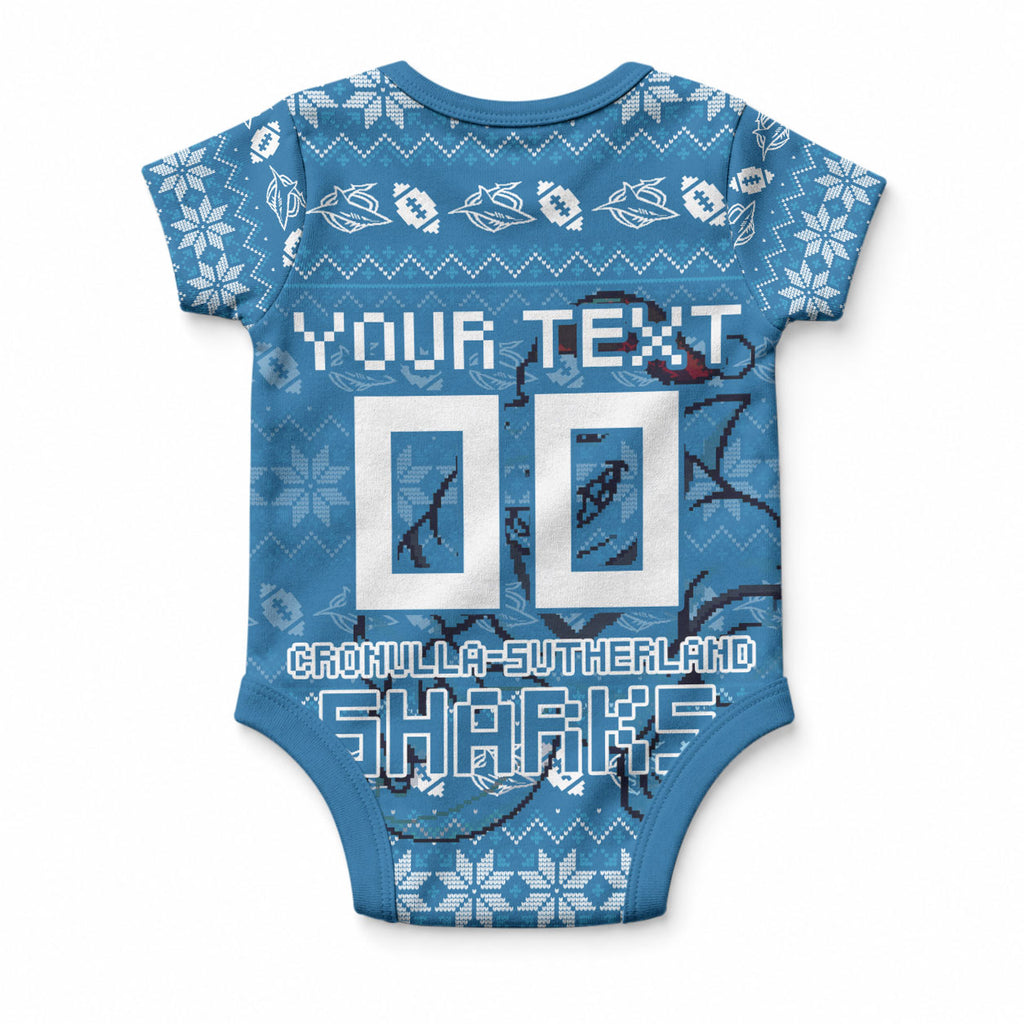 Personalized Cronulla Sharks Christmas Baby Onesie Australian Rugby Fans - Pixelated Ugly Xmas Pattern Mascot Santa
