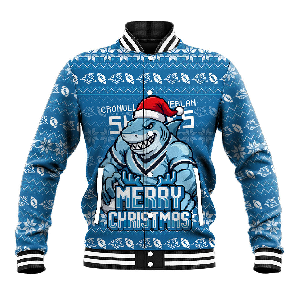Personalized Cronulla Sharks Christmas Baseball Jacket Australian Rugby Fans - Pixelated Ugly Xmas Pattern Mascot Santa
