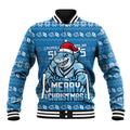 Personalized Cronulla Sharks Christmas Baseball Jacket Australian Rugby Fans - Pixelated Ugly Xmas Pattern Mascot Santa