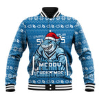 Personalized Cronulla Sharks Christmas Baseball Jacket Australian Rugby Fans - Pixelated Ugly Xmas Pattern Mascot Santa
