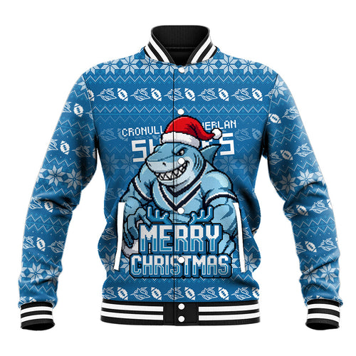 Personalized Cronulla Sharks Christmas Baseball Jacket Australian Rugby Fans - Pixelated Ugly Xmas Pattern Mascot Santa