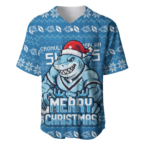 Personalized Cronulla Sharks Christmas Baseball Jersey Australian Rugby Fans - Pixelated Ugly Xmas Pattern Mascot Santa