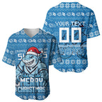 Personalized Cronulla Sharks Christmas Baseball Jersey Australian Rugby Fans - Pixelated Ugly Xmas Pattern Mascot Santa