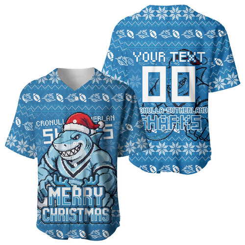 Personalized Cronulla Sharks Christmas Baseball Jersey Australian Rugby Fans - Pixelated Ugly Xmas Pattern Mascot Santa