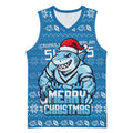 Personalized Cronulla Sharks Christmas Basketball Jersey Australian Rugby Fans - Pixelated Ugly Xmas Pattern Mascot Santa