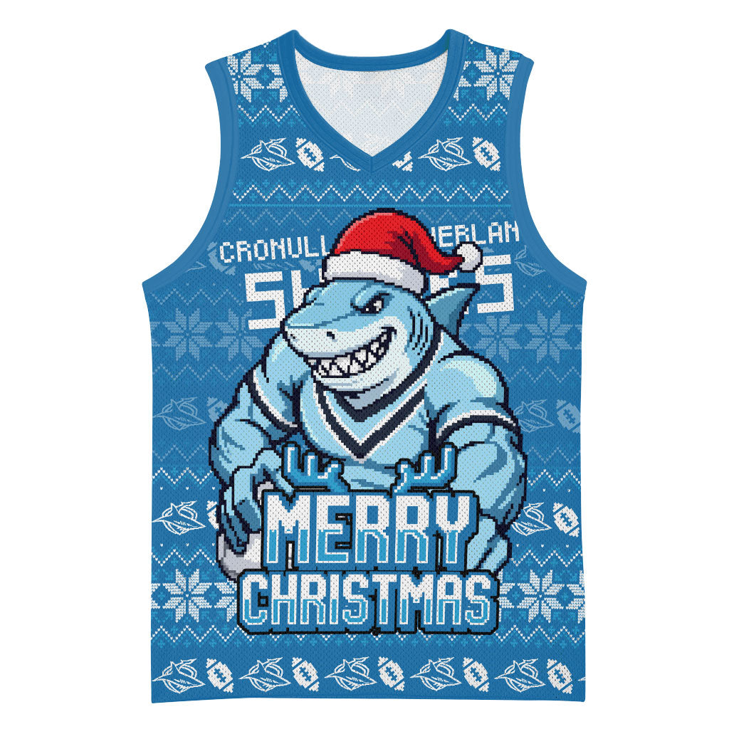 Personalized Cronulla Sharks Christmas Basketball Jersey Australian Rugby Fans - Pixelated Ugly Xmas Pattern Mascot Santa