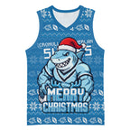 Personalized Cronulla Sharks Christmas Basketball Jersey Australian Rugby Fans - Pixelated Ugly Xmas Pattern Mascot Santa