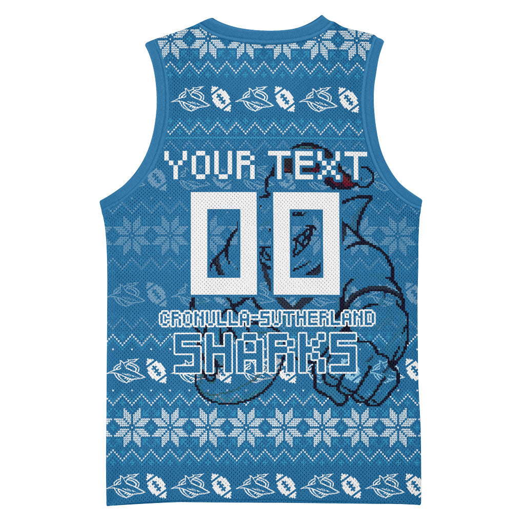 Personalized Cronulla Sharks Christmas Basketball Jersey Australian Rugby Fans - Pixelated Ugly Xmas Pattern Mascot Santa