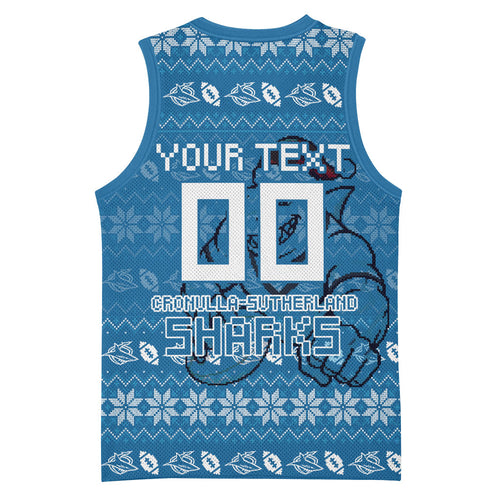 Personalized Cronulla Sharks Christmas Basketball Jersey Australian Rugby Fans - Pixelated Ugly Xmas Pattern Mascot Santa