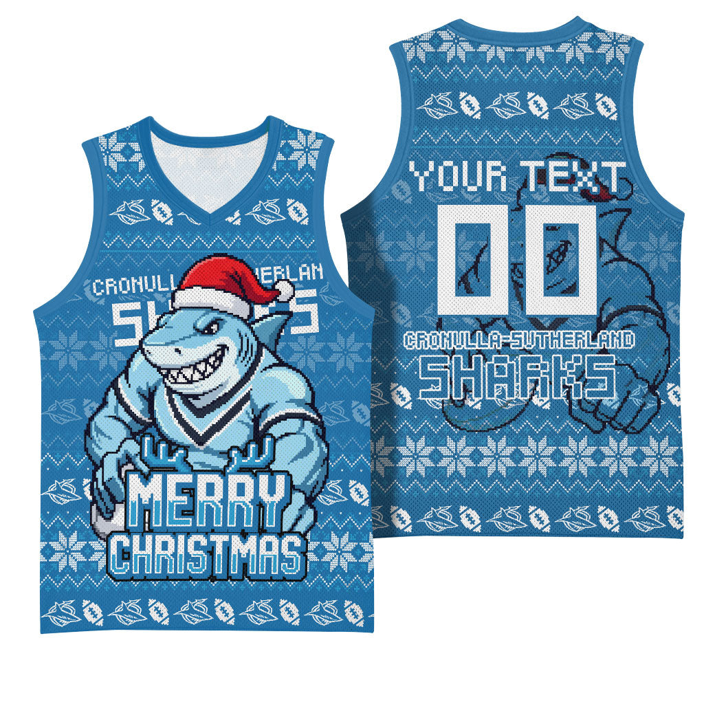 Personalized Cronulla Sharks Christmas Basketball Jersey Australian Rugby Fans - Pixelated Ugly Xmas Pattern Mascot Santa
