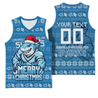 Personalized Cronulla Sharks Christmas Basketball Jersey Australian Rugby Fans - Pixelated Ugly Xmas Pattern Mascot Santa