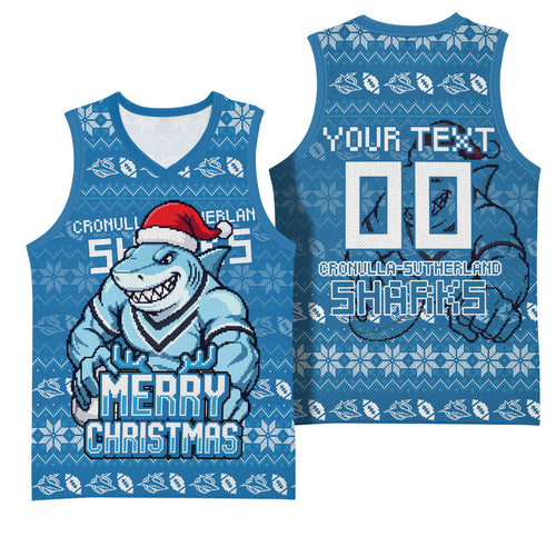 Personalized Cronulla Sharks Christmas Basketball Jersey Australian Rugby Fans - Pixelated Ugly Xmas Pattern Mascot Santa