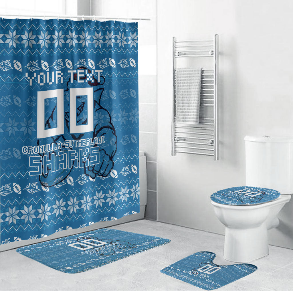 Personalized Cronulla Sharks Christmas Bathroom Set Australian Rugby Fans - Pixelated Ugly Xmas Pattern Mascot Santa
