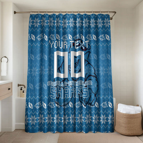 Personalized Cronulla Sharks Christmas Bathroom Set Australian Rugby Fans - Pixelated Ugly Xmas Pattern Mascot Santa