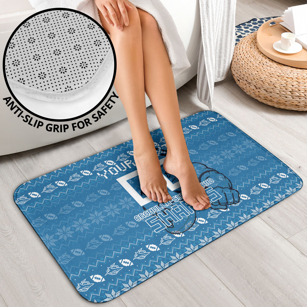 Personalized Cronulla Sharks Christmas Bathroom Set Australian Rugby Fans - Pixelated Ugly Xmas Pattern Mascot Santa