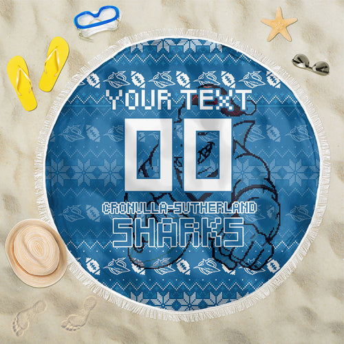 Personalized Cronulla Sharks Christmas Beach Blanket Australian Rugby Fans - Pixelated Ugly Xmas Pattern Mascot Santa