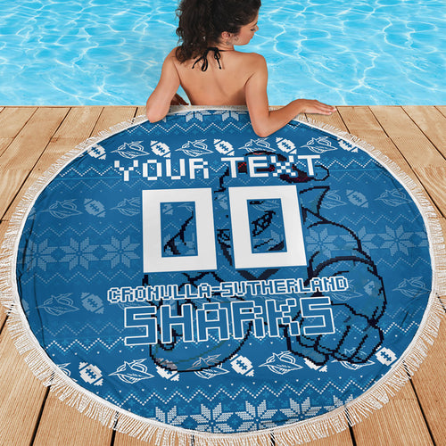 Personalized Cronulla Sharks Christmas Beach Blanket Australian Rugby Fans - Pixelated Ugly Xmas Pattern Mascot Santa