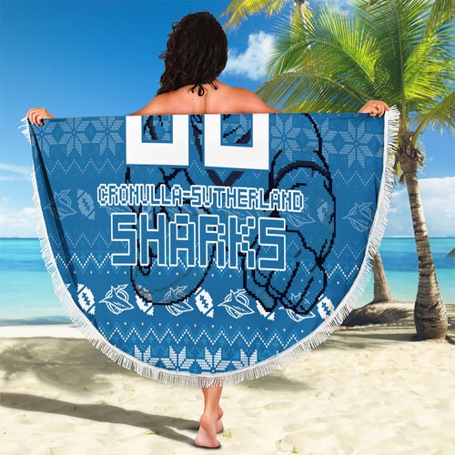 Personalized Cronulla Sharks Christmas Beach Blanket Australian Rugby Fans - Pixelated Ugly Xmas Pattern Mascot Santa