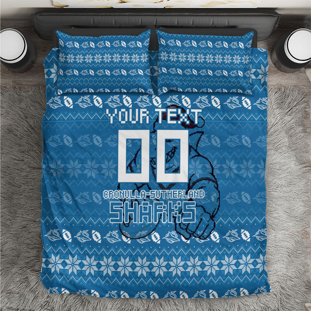 Personalized Cronulla Sharks Christmas Bedding Set Australian Rugby Fans - Pixelated Ugly Xmas Pattern Mascot Santa
