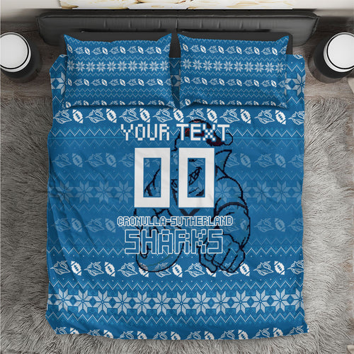Personalized Cronulla Sharks Christmas Bedding Set Australian Rugby Fans - Pixelated Ugly Xmas Pattern Mascot Santa