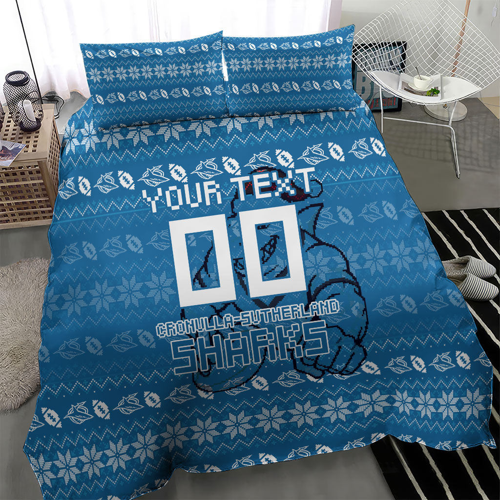 Personalized Cronulla Sharks Christmas Bedding Set Australian Rugby Fans - Pixelated Ugly Xmas Pattern Mascot Santa